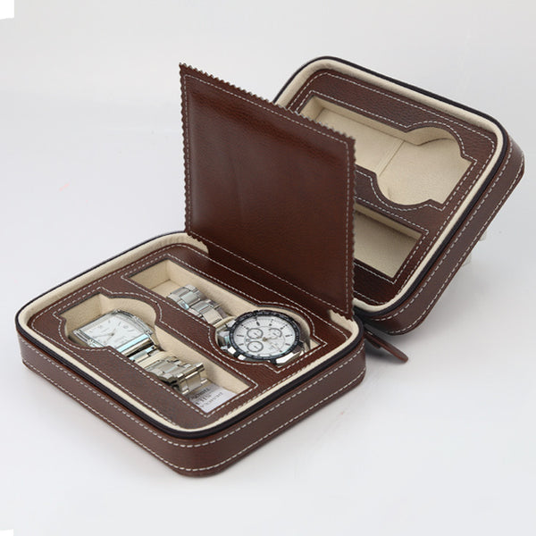 4-Watch Square Zip Travel Case - Brown