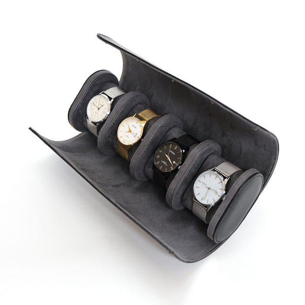 4-Slot Leather Watch Roll with Suede Interior