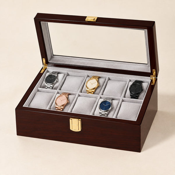 Coffee Gloss Lacquer Wooden Watch Box with Glass Lid - 10 Slots