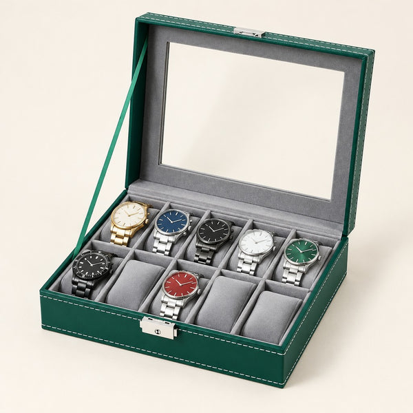 10-Slot Faux Leather Watch Box with Glass Lid