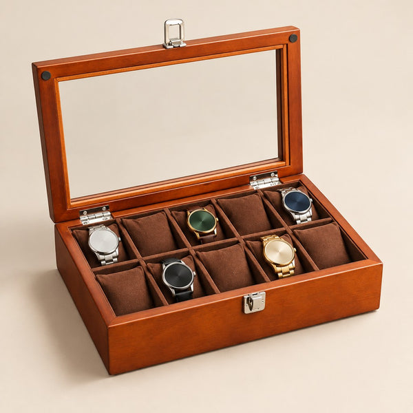 10-Slot Wooden Watch Box with Glass Lid