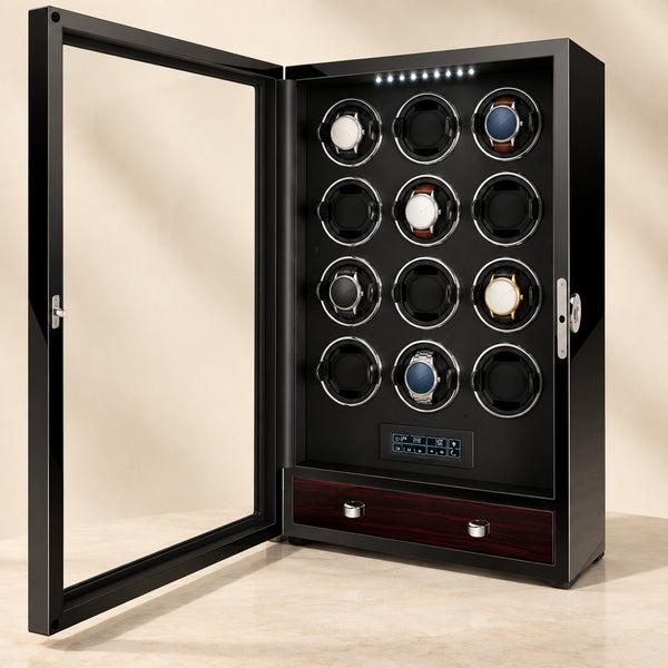 Touch-Screen 12-Watch Winder with Fingerprint Lock and Drawer - US Plug