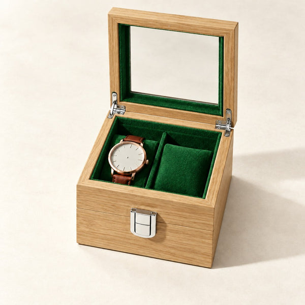 2-Slot Bamboo-Grain Watch Box with Glass Window