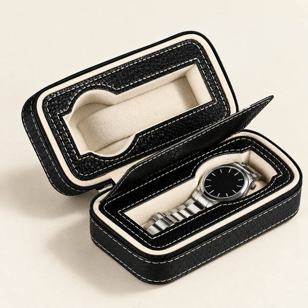 2-Slot Zippered Leather Watch Travel Case