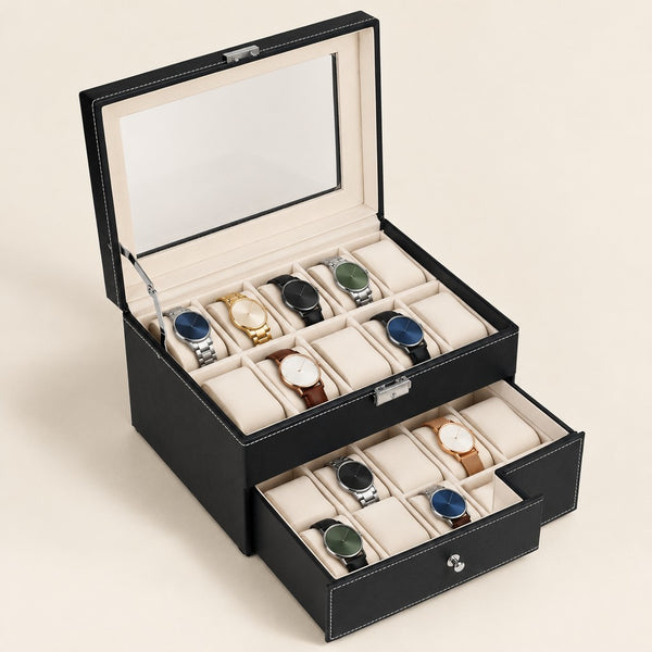 20-Slot Black Faux Leather Watch Box with Drawer