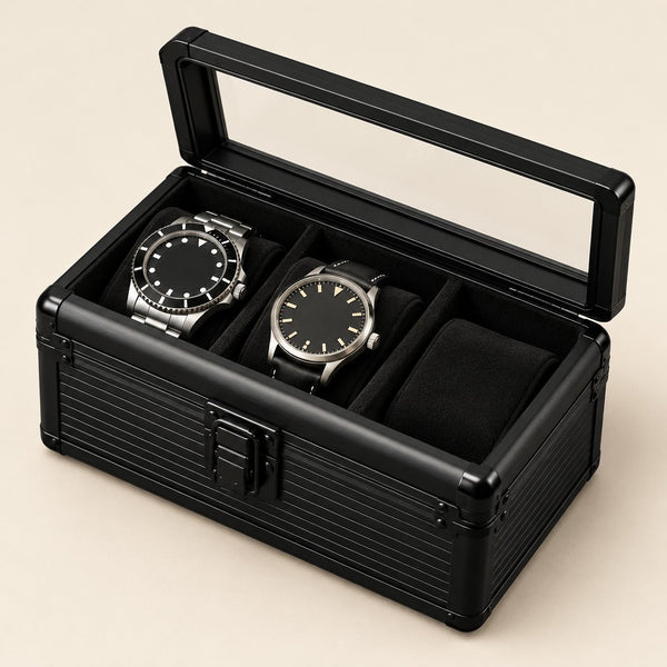 3-Slot Black Aluminum Watch Box with Window Lid