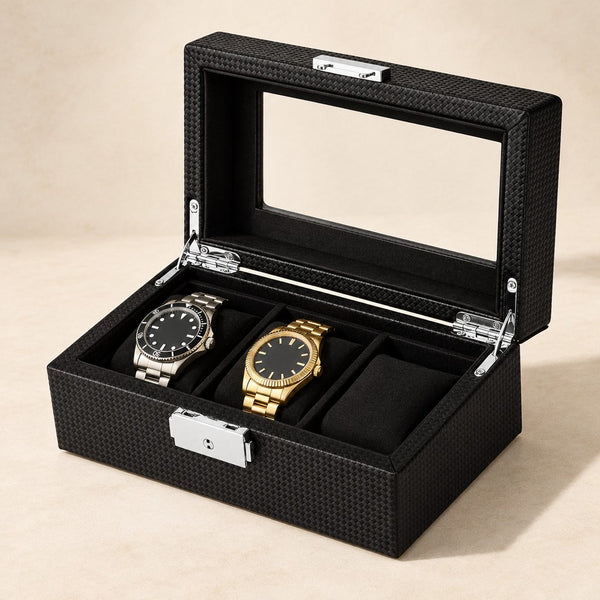 3-Slot Carbon-Pattern Watch Box with Glass Window