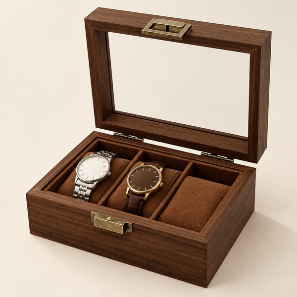 3-Slot Dark Walnut-Finish Watch Box with Glass Lid