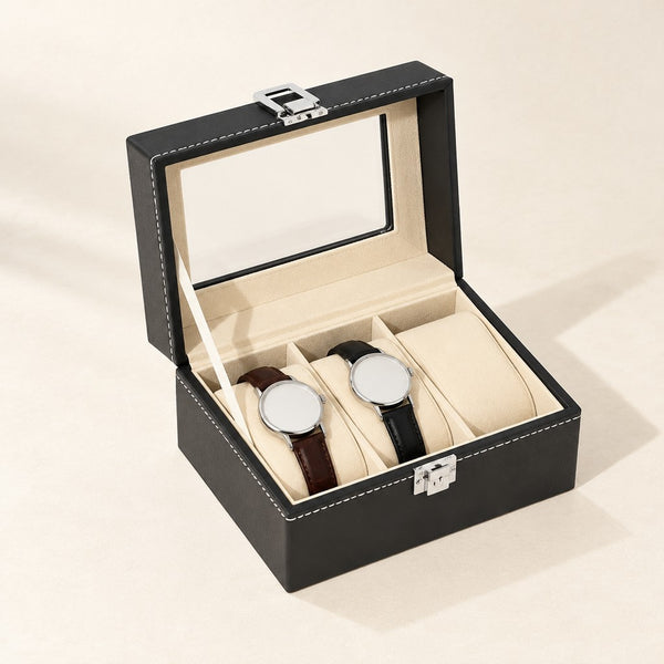 Classic 3-Slot Faux Leather Watch Box with Glass Lid