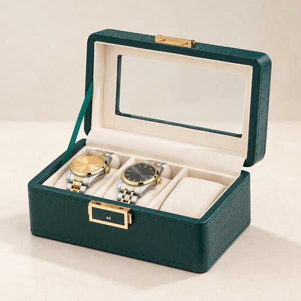 3-Slot Pebbled Faux Leather Watch Box with Glass Window