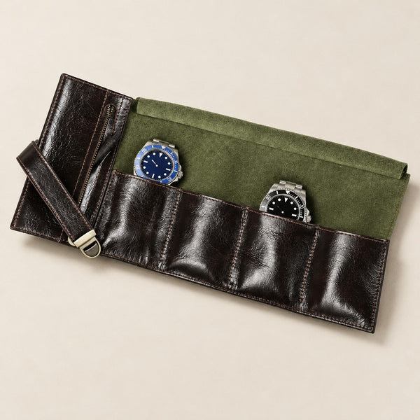 4-Slot Leather Roll-Up Watch Pouch