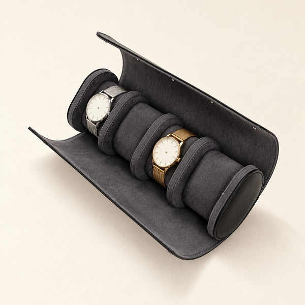 4-Slot Leather Watch Roll with Suede-Touch Interior