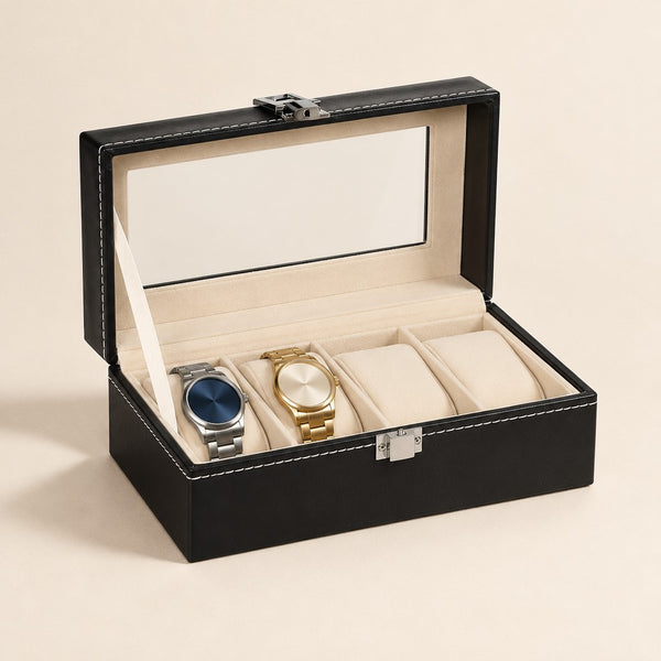 4-Slot Faux Leather Watch Box with Glass Window