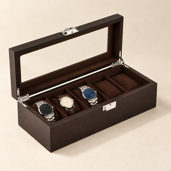Coffee Wood-Grain Lacquered Watch Box with Glass Lid - 5 Slots