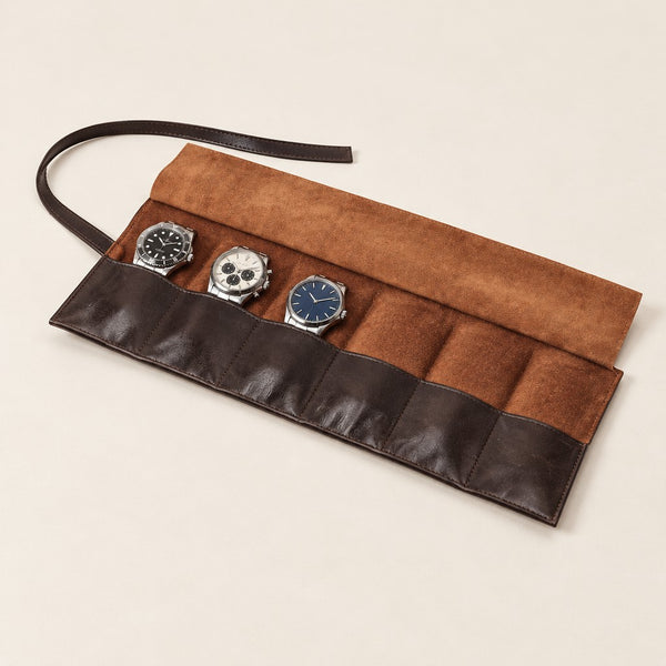 6-Slot Leather Watch Roll with Suede Lining