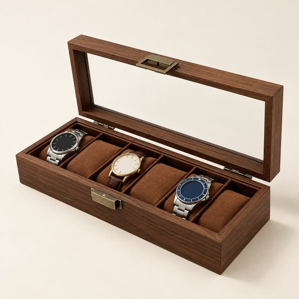 6-Slot Walnut Watch Box with Glass Window