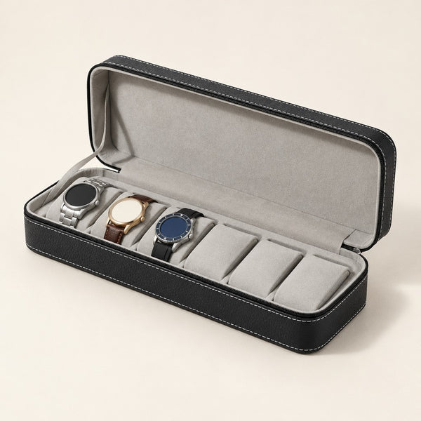 6-Slot Zippered Watch Case with Grey Lining