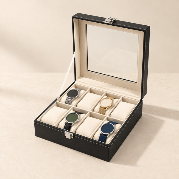 Classic Black Faux Leather Watch Box with Clear Lid - 8 Slots
