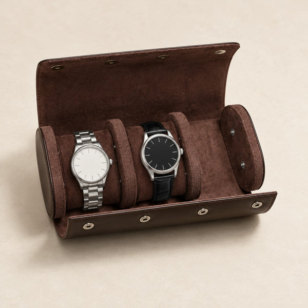 Genuine Leather 3-Slot Watch Roll - Optional Engraving
