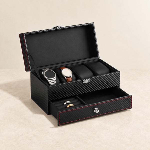 Two-Tier Carbon-Pattern Watch Box with Jewelry Drawer - 4 Slots