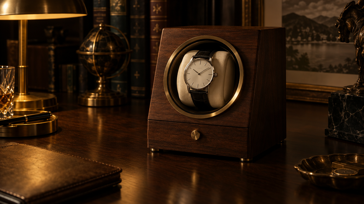 Walnut single watch winder with an automatic watch on a desk in warm evening light