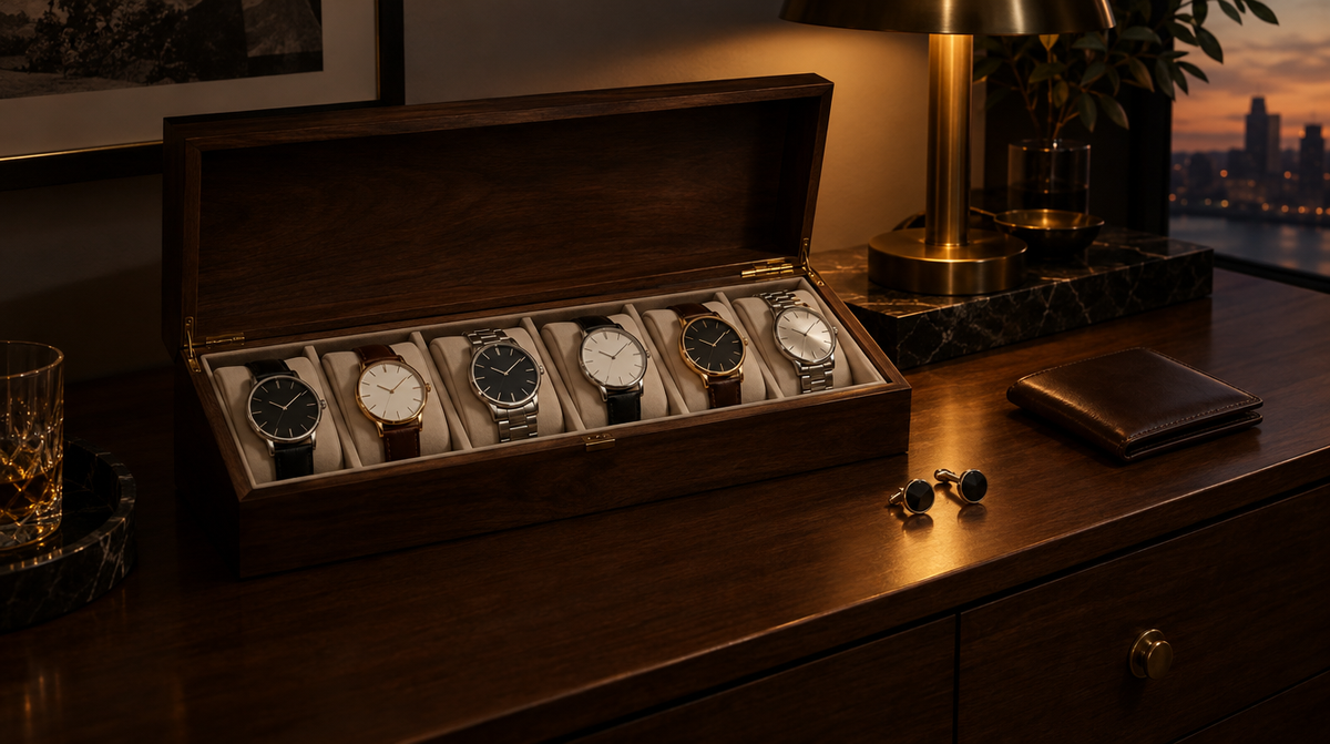Open walnut watch box for men with six watches on ivory cushions
