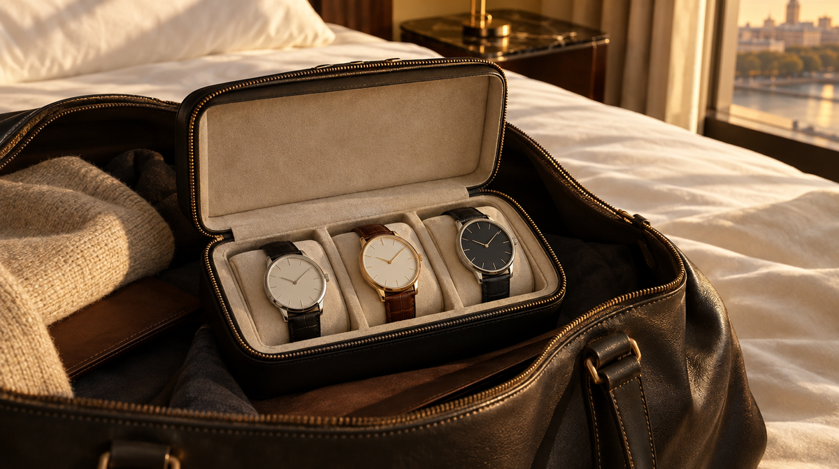 Zipped travel watch case with three watches packed in a leather weekender bag