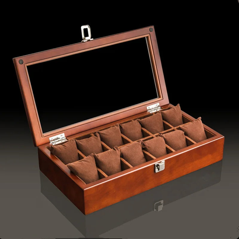Luxury 12-Slot Wooden Watch Box with Glass Lid