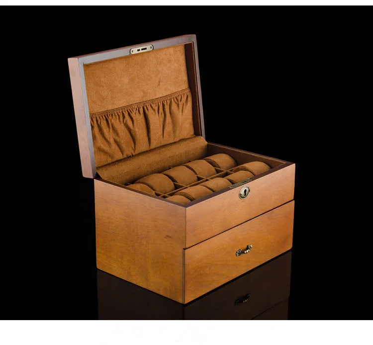 20-Slot Wooden Watch Box with Lock and Drawer