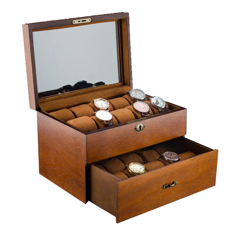 20-Slot Wooden Watch Box with Lock and Drawer