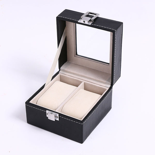 Black Faux Leather Watch Box with Window - 2 Slots