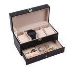 Two-Tier Carbon-Pattern Watch Box with Jewelry Drawer - 4 Slots