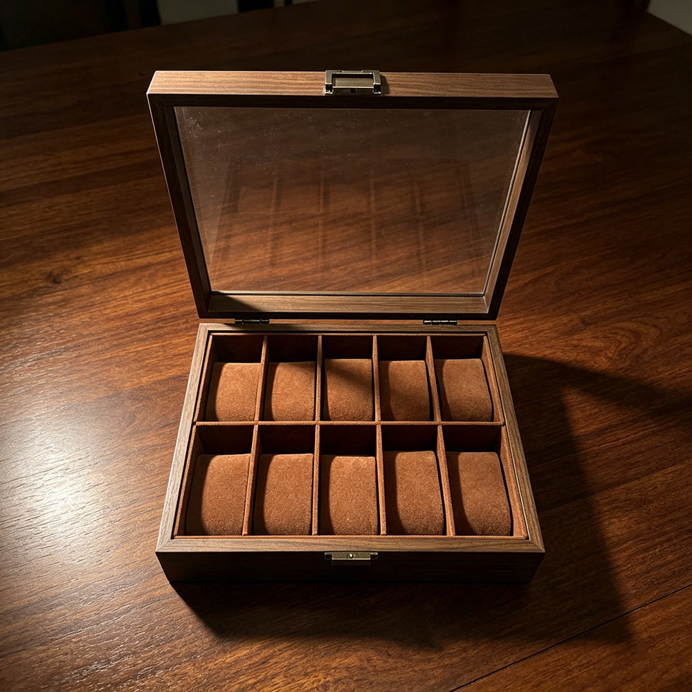 Walnut-Finish Wooden Watch Box - 10 Slots