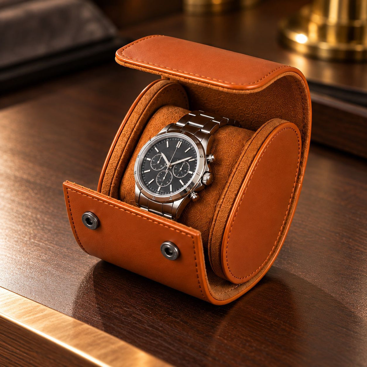 Cylinder Leather Single Watch Travel Case