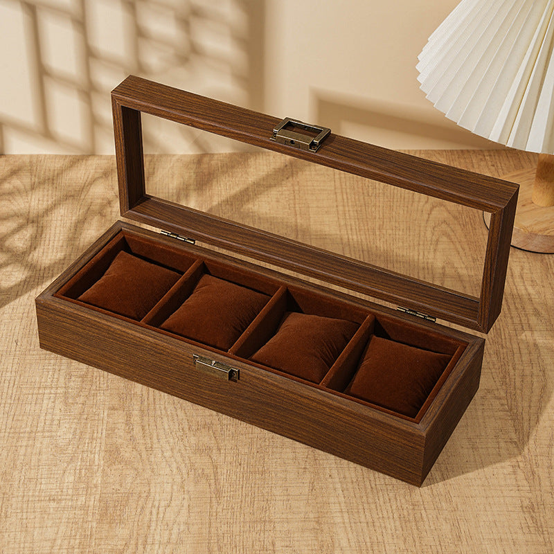 Vintage Walnut Watch Box with Glass Top - 4 Slots