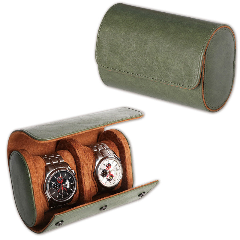 2-Watch Barrel Travel Case - Olive Crazy Horse