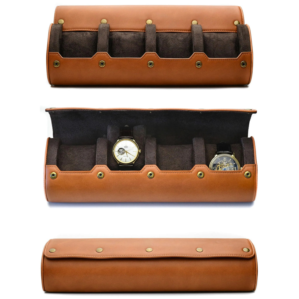 4-Slot Faux Leather Watch Roll with Removable Pillows