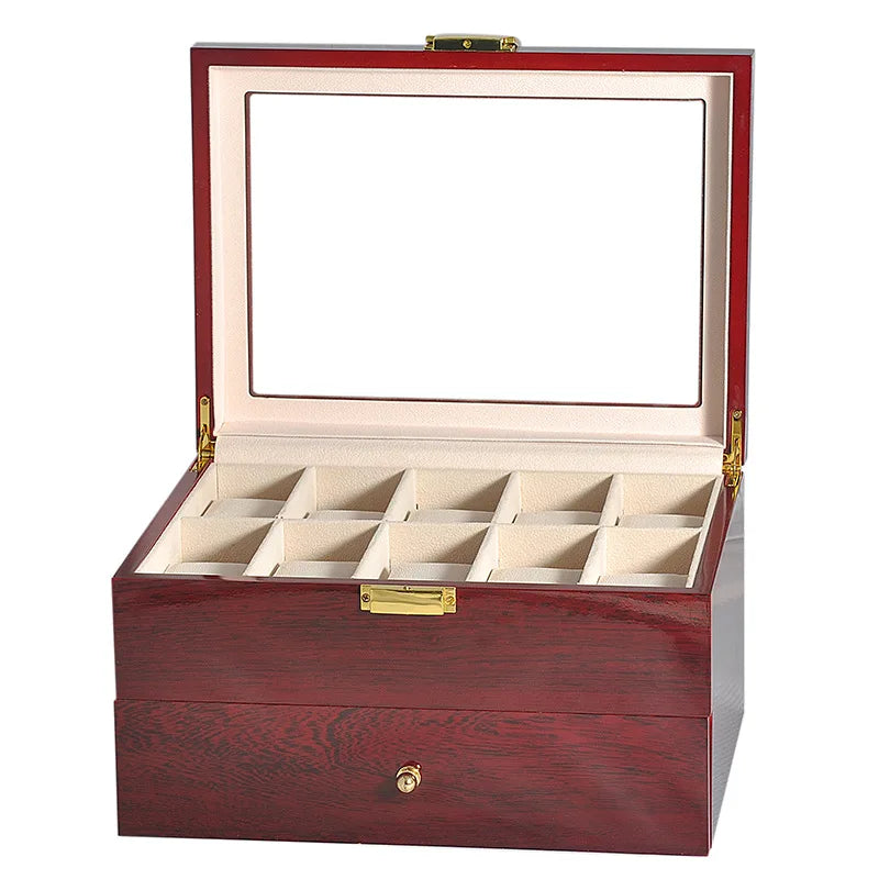 20-Slot Wine Red Lacquered Wood Watch Box with Drawer
