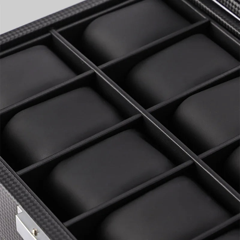 24-Slot Black Faux Leather Watch Box with Drawer