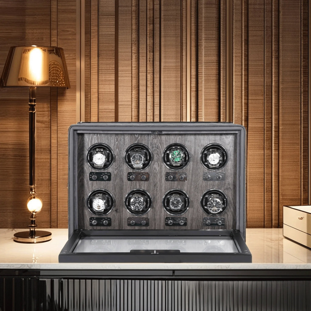 8-Watch Winder Case in Grey Textured Leather