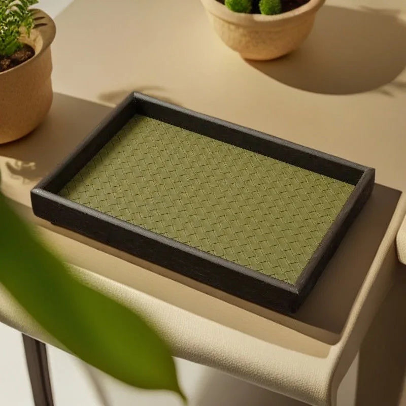 Woven Valet Tray with Wood-Grain Frame