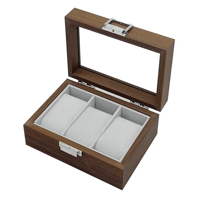 3-Slot Walnut-Finish Watch Box with Glass Lid