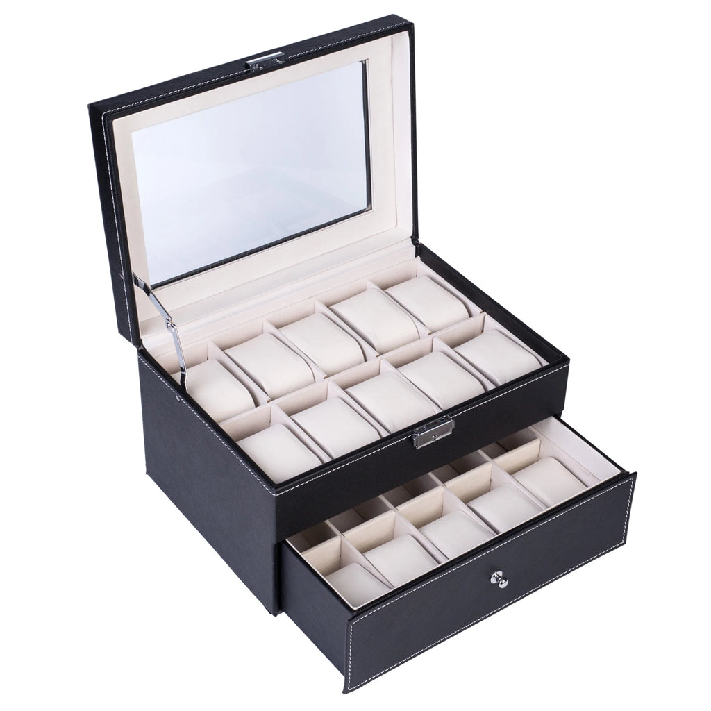 20-Slot Black Faux Leather Watch Box with Drawer