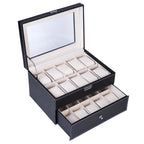 20-Slot Black Faux Leather Watch Box with Drawer