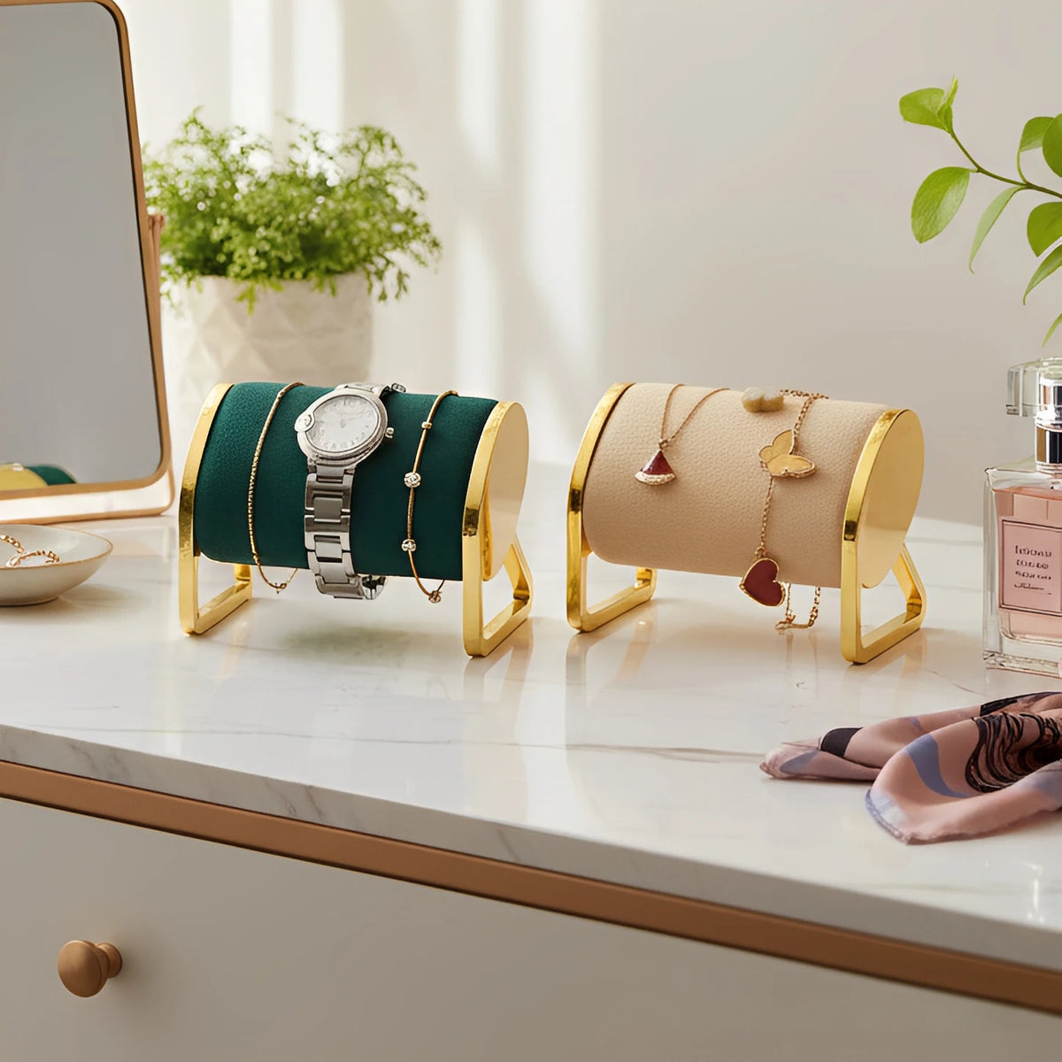 Gold Metal Watch Stand with Velvet Cushion