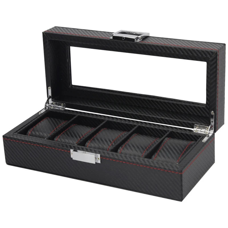 5-Slot Carbon-Pattern Watch Box with Window