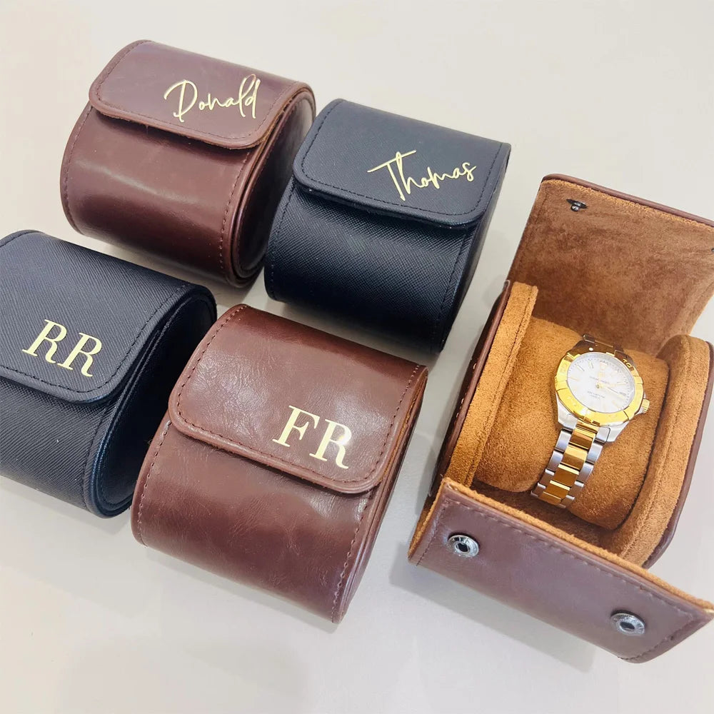 Personalized Leather Watch Roll - Choice of Lettering Color