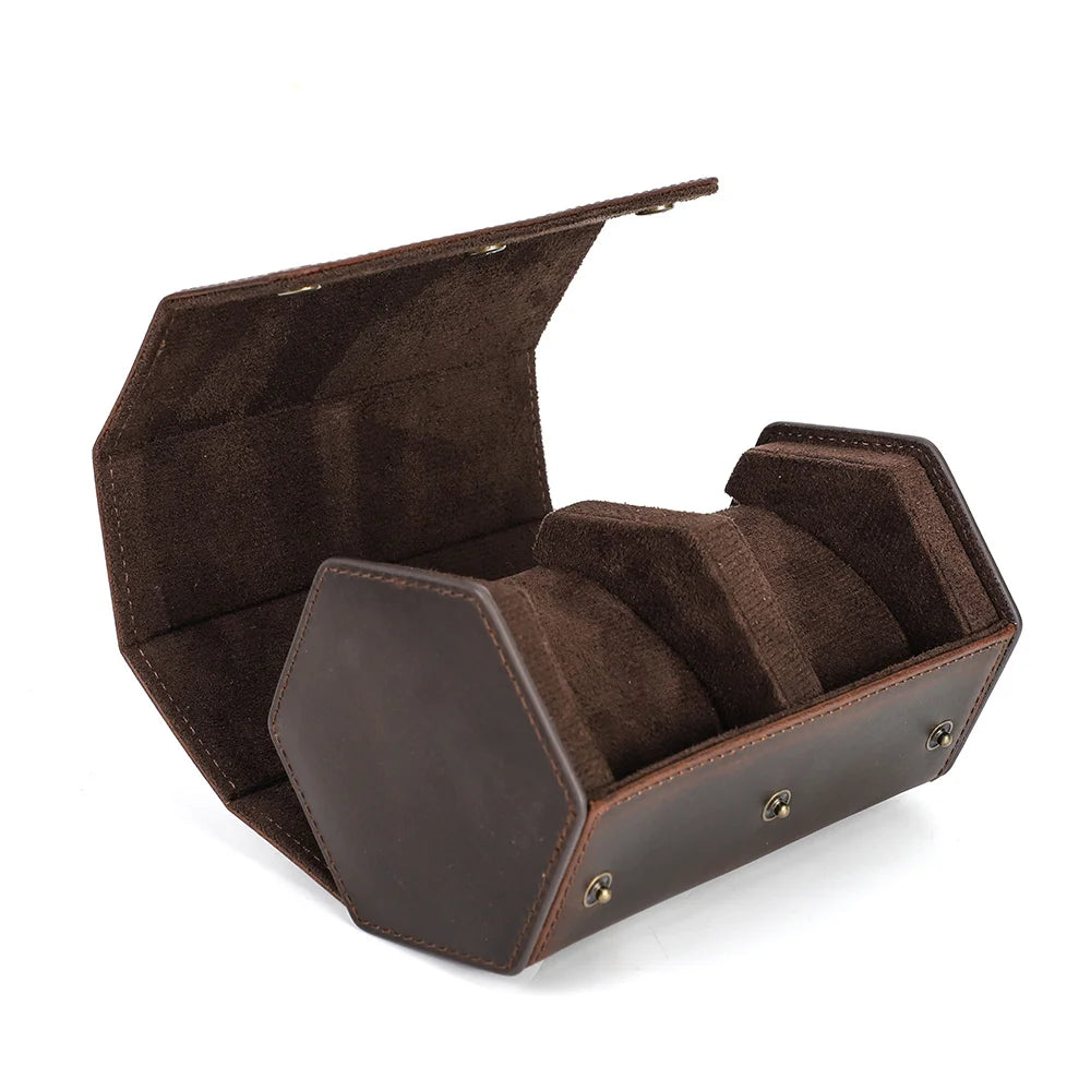 Hexagonal Vintage Leather Watch Case - 1 to 8 Slots