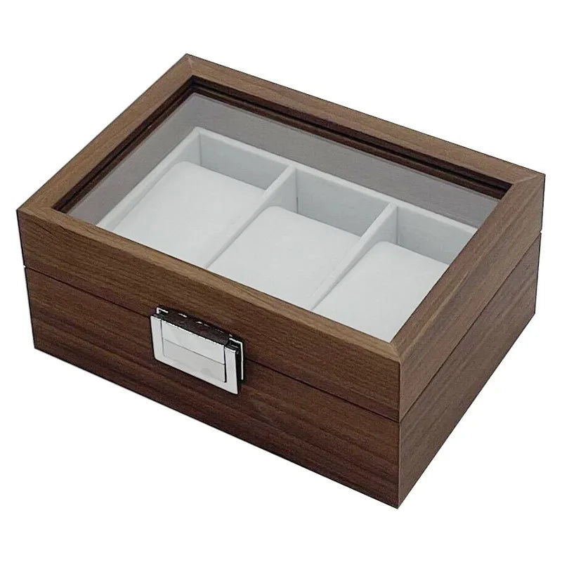 3-Slot Walnut-Finish Watch Box with Glass Lid