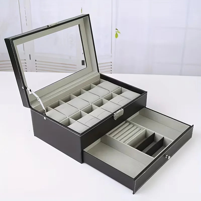 12-Slot Lockable Watch Box with Jewelry Drawer
